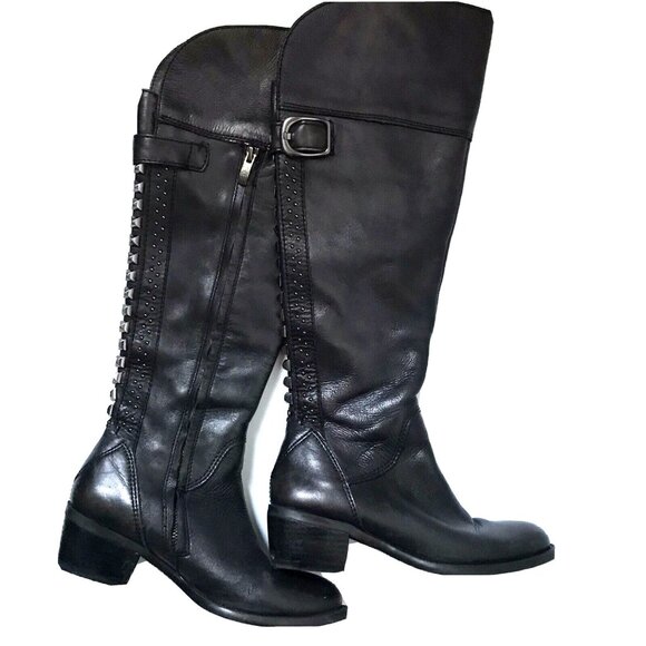 Vince Camuto VC Bollo Leather Two Tone Studded Equestrian zip black boots 6.5 - Picture 1 of 11